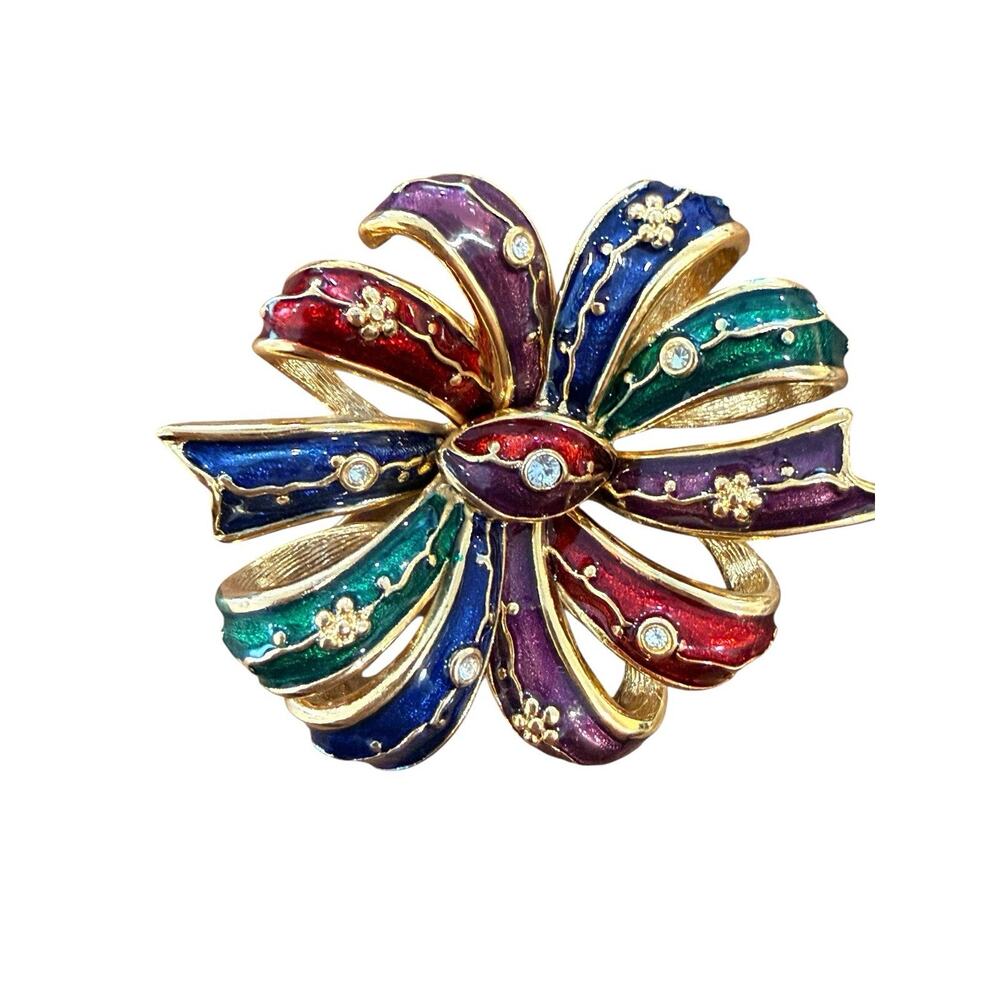 JOAN RIVERS Signed Goldtone Enamel Bow with Rhinestone Brooch Pin Red Green - Picture 2 of 8